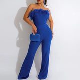 Feather Patchwork Lace-up Office Jumpsuit Summer New Women Solid Romper Overalls Sexy Sleeveless Wrap Wide Leg