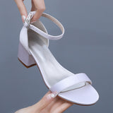 Cm Square Heel Sandals Shallow Mouth With Buckle Sandals Ivory White Silk Satin Cloth Bride White Sandals