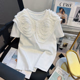 Chic Sweet 3D Flowers Shirts for Women 2022 Spring Summer Short Sleeve Graphic T Shirts Causal O-neck Korean