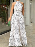 Pattern Printed Wide Leg Pants Office Overall Fashion High Waist Romper Chic New Women Long Sleeve High Collar