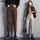 Jeans Women Stretchy Elastic High Waist Casual Velvet Thick Warm Pencil Pants Cotton Trousers Ankle-length Woman