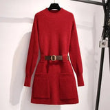 Lantern Sleeves Solid Color Knitted Dress Women With Belt Long Sleeves Mid-length Pullover A-line Dress Female 2021