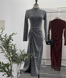 Design Sexy High Open Fork Folded Small Squint Dress Half-High Collared Shoulder Dress