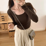 Girls' Short U-Collar Bottomed Shirt Women's Early Autumn New Long-Sleeved T-Shirt With A Shoulder Blouse Inside The