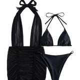 Sexy Drawstring New Three-Piece Mesh Swimsuit