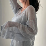 Lazy Style Full Sleeves Jumpers Tops Hollow Out Sexy Women Fashion Casual Streetwear Chic Femme Sweaters