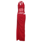 Spring And Summer New Women's Temperament Retro Fake Two Hanging Neck V-Neck Empty Net Yarn Dress