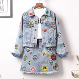 New Large Size Embroidery Epaulet Denim Jacket Coat + Mini Jean Skirt Outfits Fashion Women Suit Office Two Piece Set