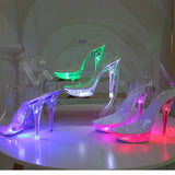 Zingj 34-43 Sexy Super High Heels Luminous Thin Heel Waterproof Platform Sandal Transparent Model Crystal Shoes Wedding