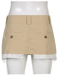 Khaki Low Waist Casual Micro Skirt Y2K Aesthetic Preppy Style Pleated Skirts Womens Vintage Patchwork Korean Skirt
