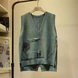 V-neck Knitted Sweater Vest Femal Cartoon Pattern Frill Loose Sleeveless Bottoming Pullover Sweater Vest Women