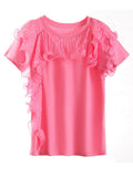 Women pink Color Ruffle Irregular Elegant Casual T-shirt New Round Neck Short Sleeve Fashion Spring Summer 2022