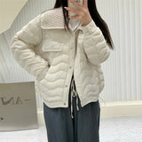 High-End White Duck Down Sweet Down Jacket Female Short Fashion Knitting Large Lapel Splicing Small Pressure Rubber Coat-Outfit