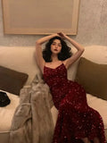 Women Sexy Sequin Strap Dresses 2025 Spring Summer Elegant Vintage Party Club Dress Korean Fashion One Piece Clothes 211-0-Outfit