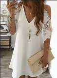 Sexy V Neck Spaghetti Straps Hollow Out Women's Dress 2021 Fashion Solid Lace Pachwork Loose Ladies Mini Dress Plue