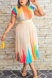 Women Spirng Summer Dress Ladies 2023 Casual Slim Office Dress Retro Elegant O-Neck High Waist Short Sleeve Party Pleated