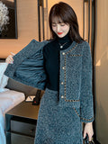 Winter Fashion Women's Tweed Suits Chic Chain Trim Long Sleeve Wool Short Jackets Coat And Skirt Outfits Two Piece