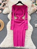 2023 Autumn Knitted Chic Dress O Neck Hollow Out Long Sleeves Bows Decoration Solid Women Slim Fit Bodycon Party