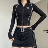 Line Patchwork Zip Up Slim Long Sleeve Tee-Outfit