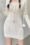 Korean Fashion Bodycon Hooded Knitted Sweater Dress Mini Cute Solid Hairball Autumn Winter Dresses Casual Slim