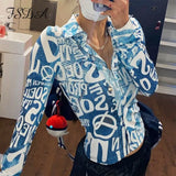 Letter Print Long Sleeve T Shirts Blue Sexy Women V Neck Black Autumn Summer Casual Crop Tops Fashion