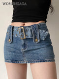 Wide Belt Denim Miniskirt For Women Korean Hot Sexy Women Short Skirts Pocket High Waist Boho Safari Style