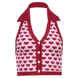 Heart Print Sleeveless Halter Knit Crop Tops Ladies Sexy Backless Tanks Camis Women Vest Summer Knitwear