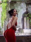 Women Autumn 2023 New Red Elegant High Street Sexy&Party Wedding Slip Skinny V-Neck Dress Low Cut Backless Pleated