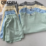 Two Piece Sets Oversized Women's Green Korean Letter Printing Short Sleeve T-shirt+Solid Casual Pants Jogging