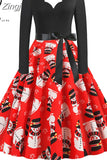 Women Winter Christmas Dress Vintage Santa Printed V-Neck Long Sleeve Swing Sexy Xmas Party Festival Dress