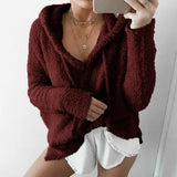Autumn Top Women Casual Mohair Hooded Pullovers V Neck Fleece Sweater Fashion Sweet Loose Warm Winter Mohair Tops