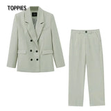 2021 spring blazer + pant two peice set women double breasted suit jacket high waist