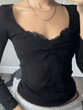 Lace Trim Black Long Sleeve Knit Top- Outfit