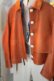 Spring Autumn Short Orange Black Loose Soft Faux Leather Jacket Women Buttons Runway Luxury Designer Clothes