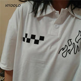 2020 Casual street flame plaid print turndown collar short sleeve t-shirt women men Summer loose hip hop tee shirt