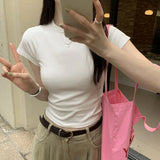 T-Shirt With Shoulder, Round Neck And Short Sleeves, New Slim, High-Waisted, Short-Color Blouse For Women In Spring And