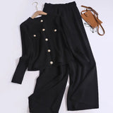 New Fashionable Casual Sports Knitted Two Piece Set Women's Single Breasted Round Neck Knit Cardigan + Wide Leg Pants