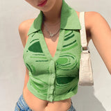 Heart Print Sleeveless Halter Knit Crop Tops Ladies Sexy Backless Tanks Camis Women Vest Summer Knitwear