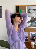 Korean Candy Colors Cashmere Mohair Cardigan Women Purple Crop Tops Autumn Deep V-neck Knitted Sweaters Fashion