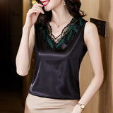 Women's Blouses Sexy Tank Tops Solid Female Embroidery Camisole Summer Satin Sleeveless Women Clothing Lace Womens