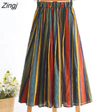 Stripe Cotton Linen Skirts Women Summer Elastic High Waist Pleated Midi Skirt Loose Casual A-Line Beach Boho Skirt