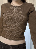 Rib Long Sleeve Printed Crop Top- Outfit