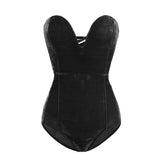 Burgundy Strapless Velvet Sexy Bodysuit Women Sweetheart Bodycon Backless Lace Up Body 2022 V Neck Party
