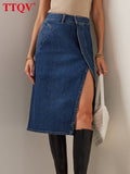 Fashion Dark Blue Jeans Skirts For Women Autumn Elegant High Waisted Knee-length Skirts Casual Straight Skirts