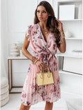 Dress Women 2022 Fashion Chiffon Sleeveless Ruffles Floral Print Beach Dress Casual Elegant Black Mini Dresses Robe