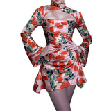 Elegant Dress Women Solid/Floral Print High Neck Cut Out Flared Sleeve Ruched Mini Vestidos High Street Party