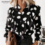 Print Ruffle Blouse Shirt Autumn Winter Long Sleeve Elegant Office Lady V-Neck Button Tops Blusa Women Shirts Casual