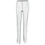 Crystal Diamond Shiny Women Pants Summer New Fashion Hollow Out Fishnet Wide Leg Trousers Sexy See Through Beach