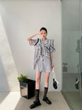 Korean Fashion Summer Blazer Dress For Women 2022 Grey Ruffle Short Sleeve Cute Designer Button Up Mini Dress