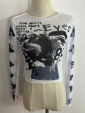 Spring 2024 New Round Collar Collar Long-Sleeved Mesh Printing Umbilical Casual Women's